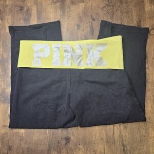 Victorias Secret PINK Spell Out  Fold Over Black Capri‎ Leggings Sz M